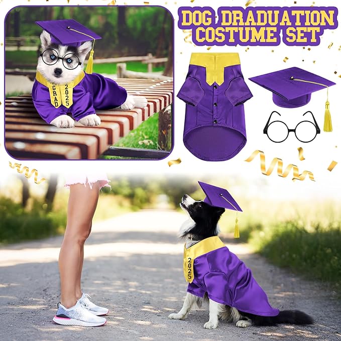 5 Pcs Dog Graduation Costume Set Include 2025 Pet Graduation Gown with Stole Puppy Grad Cap Lensless Glasses DIY Letter Stickers for Dogs Cats Holiday Costume Accessory(Purple Yellow,S)