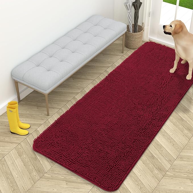 OLANLY Dog Door Mat for Muddy Paws 59x24, Absorbs Moisture and Dirt, Absorbent Non-Slip Washable Mat, Quick Dry Chenille, Mud Mat for Dogs, Entry Indoor Door Mat for Inside Floor, Burgundy
