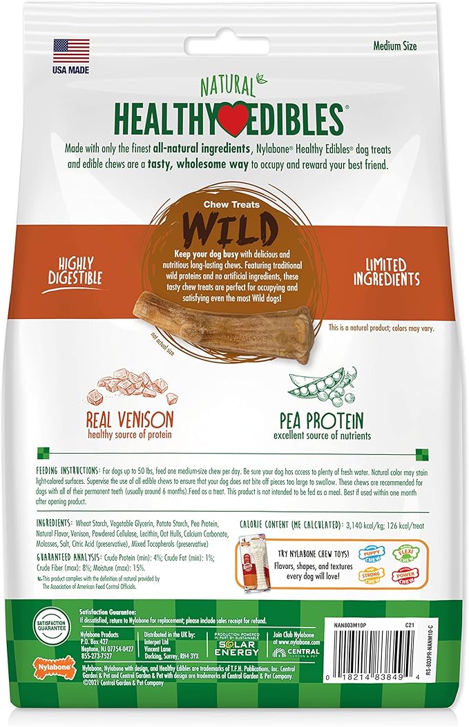 Nylabone Healthy Edibles WILD Antler Natural Long Lasting Venison Flavor Dog Chew Treats Antler Medium/Wolf (10 Count), -