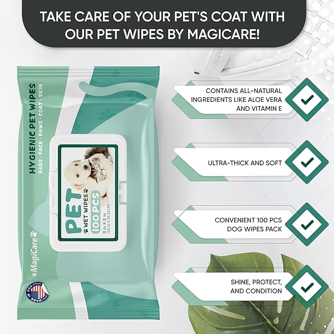 MAGICARE Dog Wipes for Paws, Butt, Ears & Eyes – 100 Extra Wet & Thick Unscented Grooming Pet Wipes for Dogs & Cats – Deodorizing, Hypoallergenic – Made in USA