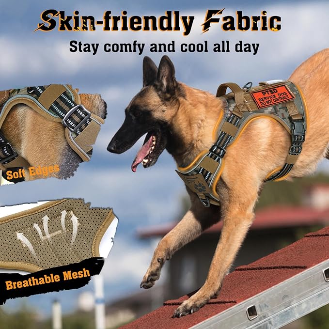 rabbitgoo Dog Harness for Large Dogs No Pull, Tactical Service Dog Vest with Molle and Control Handle, Adjustable and Reflective Military Pet Harness for Easy Walking and Training, Desert camo, L