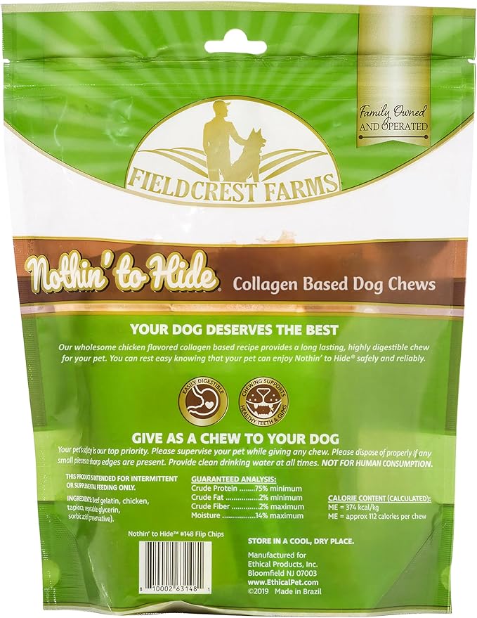 Fieldcrest Farms Nothin to Hide Flip Chips Dog Chews - Natural Rawhide Alternative Treats for Dogs, Collagen Based Snack for Moderate Chewers Up to 35lbs, Chicken Flavor - 2 Packs (16 Chips)
