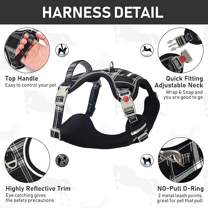 GAMUDA Dog Harness Collar and Leash Set, Horse Care Sheets, No Chock No Pull Adjustable Vest Harnesses Plaid Reflective for Medium Dog, Cat, Small Horse, Small Bull and Pig (Black, XL)