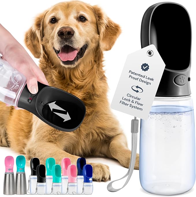 MalsiPree Leak Proof Portable Dog Water Bottle - Lightweight Travel Dispenser with Bowl - 19 oz, Black Dog Travel Cup - Food Grade Plastic - Puppy Essentials - Pet Water Dispenser