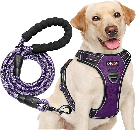 tobeDRI No Pull Dog Harness Adjustable Reflective Oxford Easy Control Medium Large Harness with A Free Heavy Duty 5ft Leash (L (Neck: 18"-25.5", Chest: 24.5"-33"), Purple)