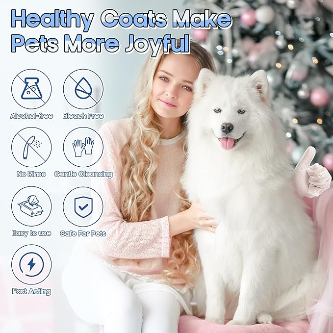 Pet Glove Wipes for Dogs - 14Pcs Peach & Bluebell Scented Pet Cleaning Gloves, No Rinse Deodorizing Grooming Wipes for Dogs and Cats Paws Body Butt, Suitable for Daily Care Dry Cleaning Travelling