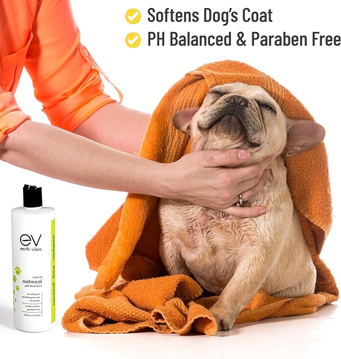 Earth Vibes Natural Oatmeal Dog & Cat Pet Shampoo & Conditioner, Dry Itchy Skin Relief for Dogs, Cats & Pets, Calming Aloe Vera, Made in USA, 16oz