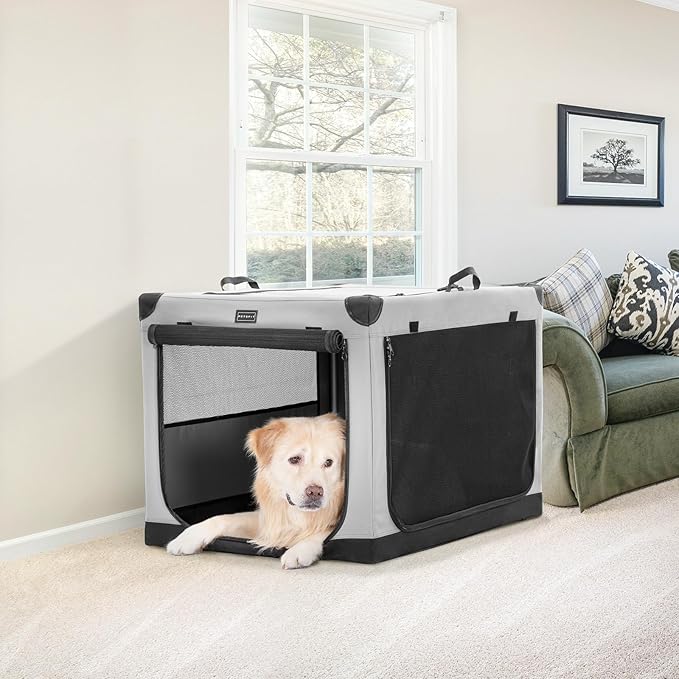 PETSFIT Soft Sided Dog Crate, with Patented Adjustable Fabric Cover, Chewproof & Lockable Mesh Doors, Waterproof Base Kennel Indoor Grey 36 Inch