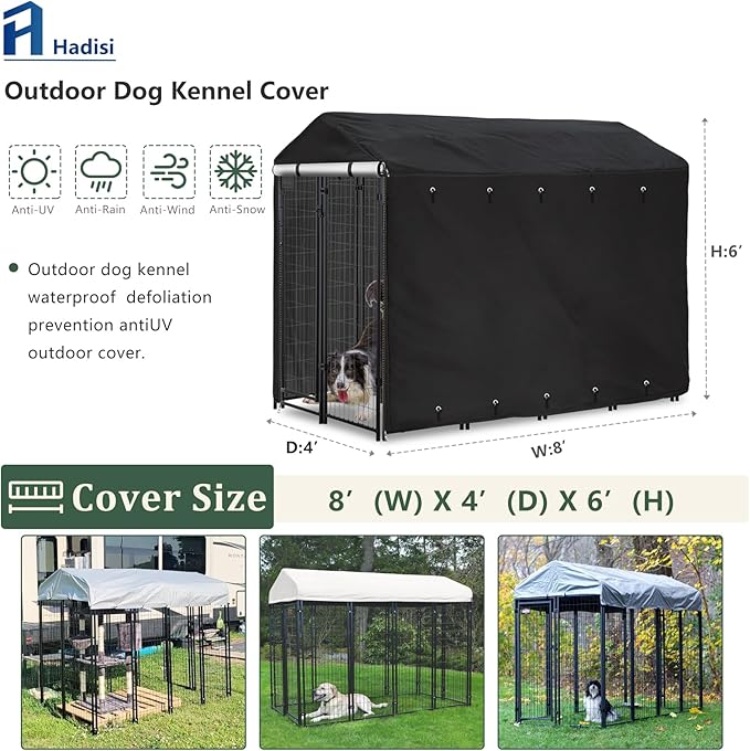Classic Black Outdoor Dog Kennel Cover 8'Dx4'Wx6'H Full Coverage Windproof Anti-UV.Waterproof Dog Kennel Cover for Multiple Brands of Dog Kennels,Cover Only,Classic Black.(Patent Pending)