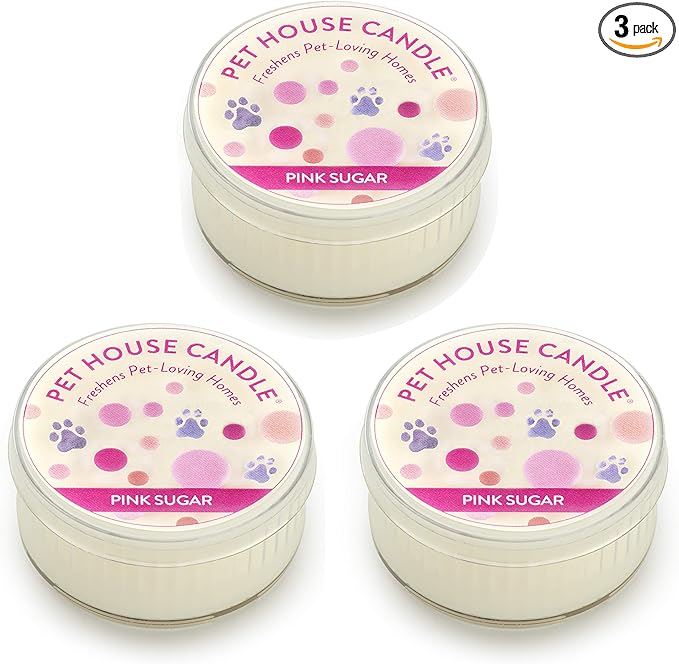 One Fur All Pet House Mini Candles for Pet Odor Made with Natural Soy Wax, Plant Based, Dog and Cat Friendly Scented Candles, Pink Sugar Pack of 3