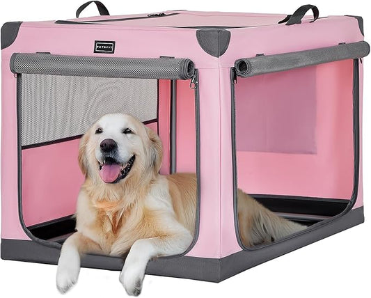 PETSFIT Soft Sided Dog Crate, with Patented Adjustable Fabric Cover, Chewproof & Lockable Mesh Doors, Waterproof Base Collapsible Kennel Pink 40 Inch