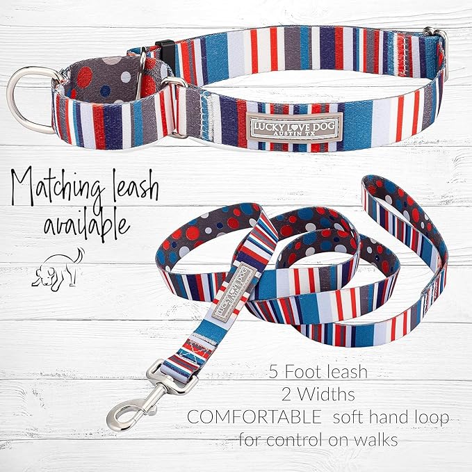 Lucky Love Dog, Nautical Martingale Dog Collar and Leash Set, Premium No Slip Collar and Leash Set, Polka Dot Striped Martingale Collar and Leash Set, for Dogs - (Medium, Linus Mart - Combo)