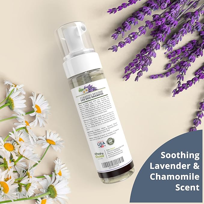 Paw Choice Dry Shampoo for Dogs - Waterless No-Rinse Foam for Odor Removal, Cleaning, Conditioning - Hypoallergenic, Natural - Safe for Sensitive Skin - Made in USA - Lavender Chamomile Scent