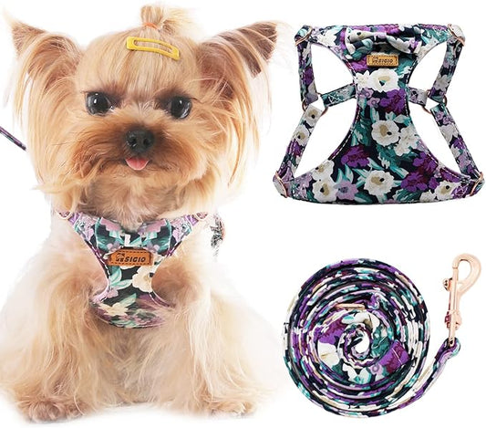 No Pull Small Dog Harness and Leash Set, Soft Adjustable Floral Puppy Dog Harness Vest for Extra Small-Medium Pet Dogs and Cat, Purple Flower, Medium