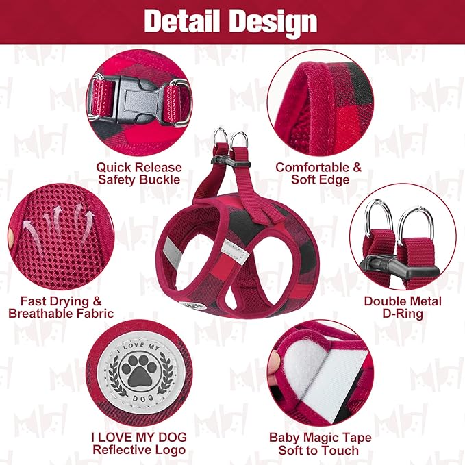 BEAUTYZOO Small Dog Harness and Leash Set,Step in No Chock No Pull Soft Mesh Dog Harnesses Reflective for Extra-Small/Small Medium Puppy Dogs and Cats, Plaid Dog Vest Harness for XS S Pets, Red S