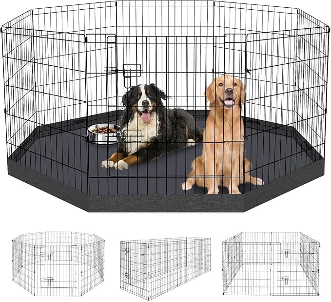 Pet Playpen Dog Pen Foldable Dog Exercise Fence 8 Panels 30 Inch Kennels Pet Playpen Options Ideal for Pet Medium Animals Outdoor Indoor (Playpen with Bottom Pad)