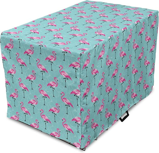 Lunarable Turquoise Dog Crate Cover, Repetitive Pink Flamingos on Wavy Water Background Vivid Colors Graphic, Easy to Use Pet Kennel Cover for Medium Large Dogs, 42 Inch, Pink Seafoam