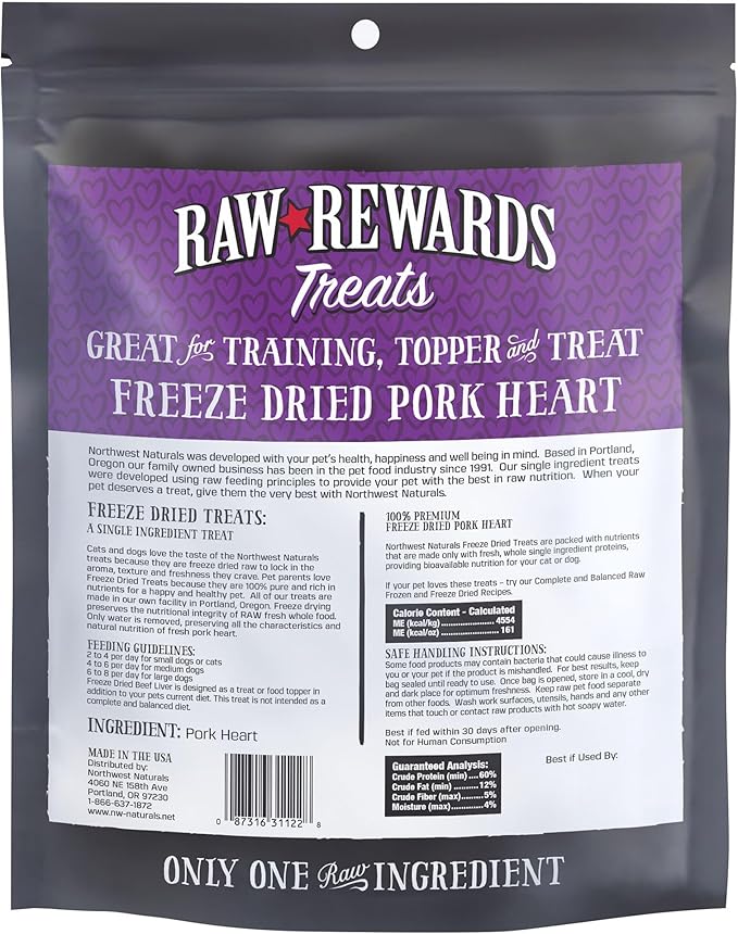 Northwest Naturals Raw Rewards Freeze-Dried Pork Heart Treats for Dogs and Cats - Bite-Sized Pieces - Healthy, 1 Ingredient, Human Grade Pet Food, All Natural - 10 Oz (Pack of 3)