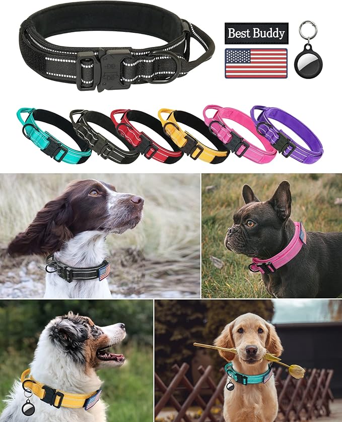 Tactical Dog Collar - AUBELL Adjustable Military Training Nylon Reflective Dog Collar with Handle and Heavy Duty Metal Buckle for Medium Large Dogs, with Airtag Holder and 2 Patches(Black, M)