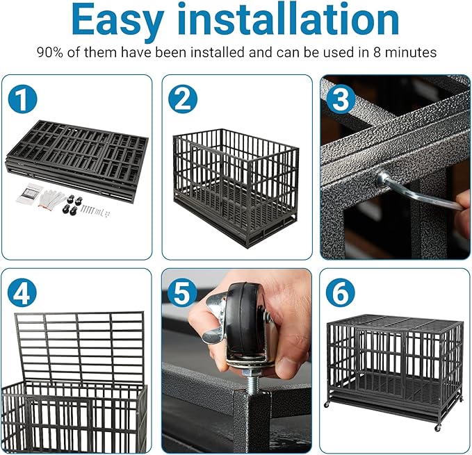 48 Inch Heavy Duty Dog Crate Kennel with Wheels, High Anxiety Indestructible Dog Crates for Large Dogs, XL XXL Extra Large Dog Crate with Removable Dog Cage Tray, Two Locks (Black, Square)