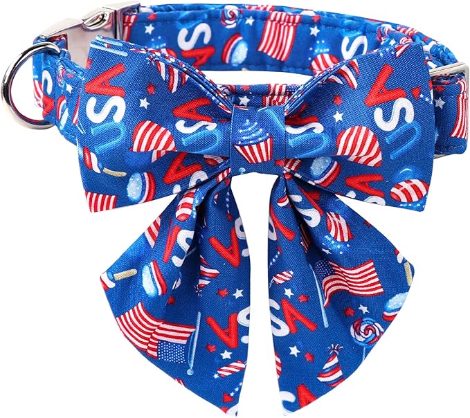 Lionet Paws Patriotic Dog Collar with Sailor Bow, 4th of July, Soft and Comfortable Adjustable American Flag Collar for Puppies and Cats, XS, Neck 8-12 inches