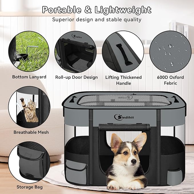 Dog Cat Playpen28/31/35in, Pet Puppy Portable Pens for Outdoor Travel Crate, Indoor After Surgery Use, Foldable Dog Kennel Tent for Rabbit or Small Animals and Tent Stakes (Dark Grey, Lagre)