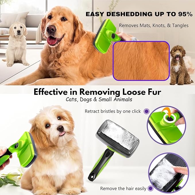 AINA Self-Cleaning Pet Grooming Brush | Pet Slicker Brush for Dogs & Cats Detangling & Fur Removal with Click Clean Button | Effective & Comfortable Pet Deshedding Brush, Perfect for Pet Grooming