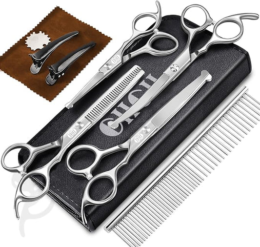 CIICII Dog Grooming Scissors Kit, 10-In-1 Professional Pet Grooming Scissors Set with Safety Round Tip (Dogs/Cat Hair Cutting Trimming Thinning Shears with Curved Scissors) for DIY Home Salon (Silver)