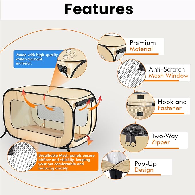 Beatrice Home Fashions Portable, Collapsible, Pop Up Kennel Travel Cat and Dog Crate, 36" L x 22" W x 22" H, Beige