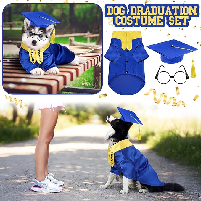 5 Pcs Dog Graduation Costume Set Include 2025 Pet Graduation Gown with Stole Puppy Grad Cap Lensless Glasses DIY Letter Stickers for Dogs Cats Holiday Costume Accessory(Blue Yellow,L)