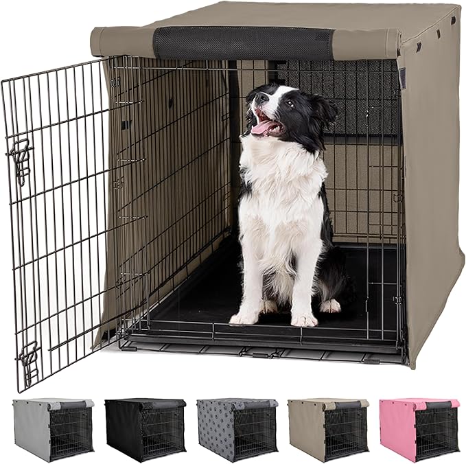 Gorilla Grip Dog Crate Covers Compatible with Amazon Basics Dog Crates, All Sides Open, Privacy Cover Fits 36" Wire Kennel, Breathable Mesh Windows, Light Reducing Puppy Training Cage Topper, Taupe