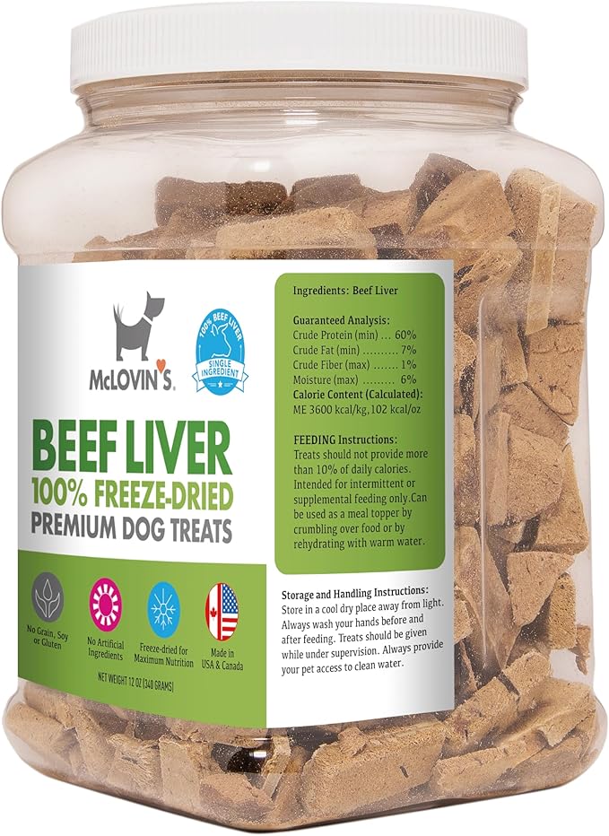 McLovin's Pet Freeze Dried Raw Beef Liver Dog Treats and Toppers, 12 oz. Canister - Single Ingredient, Grain-Free, Gluten-Free, High-Protein Treat – Healthy Dog Training Treats