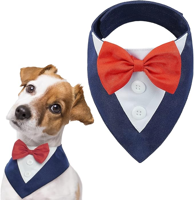 FUAMEY Dog Tuxedo,Formal Dog Wedding Bandana Dog Collar with Bow Tie Dog Birthday Costume Adjustable Pet Party Tux Dog Wedding Attire,Dog Valentines Outfit Cosplay for Small Medium Large Pets Blue M