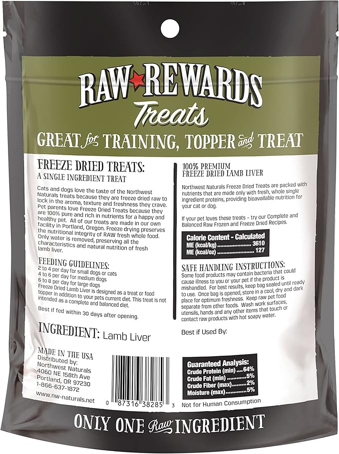 Northwest Naturals Raw Rewards Freeze-Dried Lamb Liver Treats for Dogs and Cats - Bite-Sized Pieces - Healthy, 1 Ingredient, Human Grade Pet Food, All Natural - 3 Oz (Pack of 3)