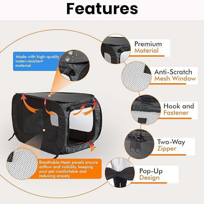 Beatrice Home Fashions Portable, Collapsible, Pop Up Kennel Travel Cat and Dog Crate, 24" L x 16.6" W x 16" H, Black