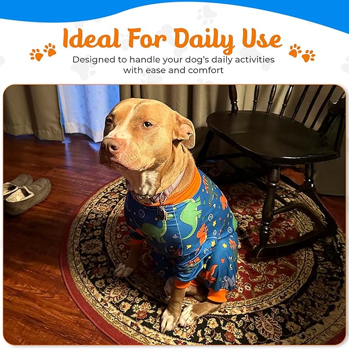 Tooth & Honey Pitbull Clothes – Premium Dinosaur Printed Pajamas for Large Breeds – Outfit for Recovery, Warmth & Shedding Control (Large)