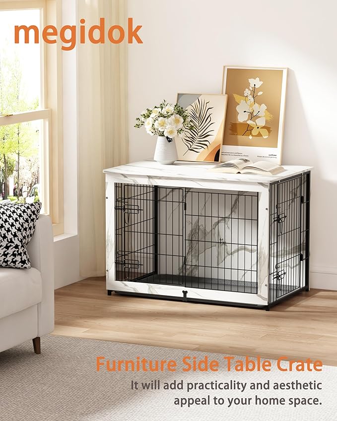 Megidok Wooden Dog Crate Furniture with Cushion, End Table with Tray, Double Doors (L:37" W:25" D:26" H, Marble White)
