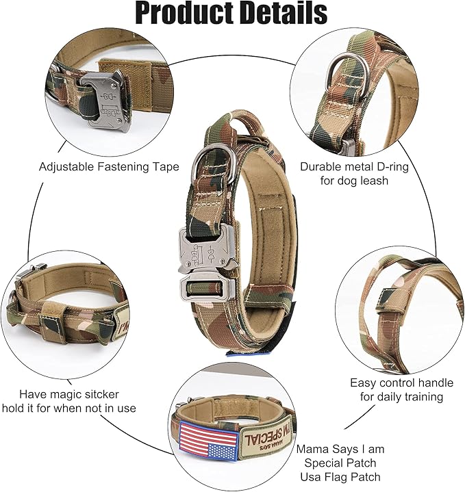 KCUCOP Tactical Dog Collar - Heavy Duty Dog Collar with Handle and Metal Buckle, Military Thick Dog Collars for Medium and Large Dogs(Upgrade Camo-XL, 2 Patches)