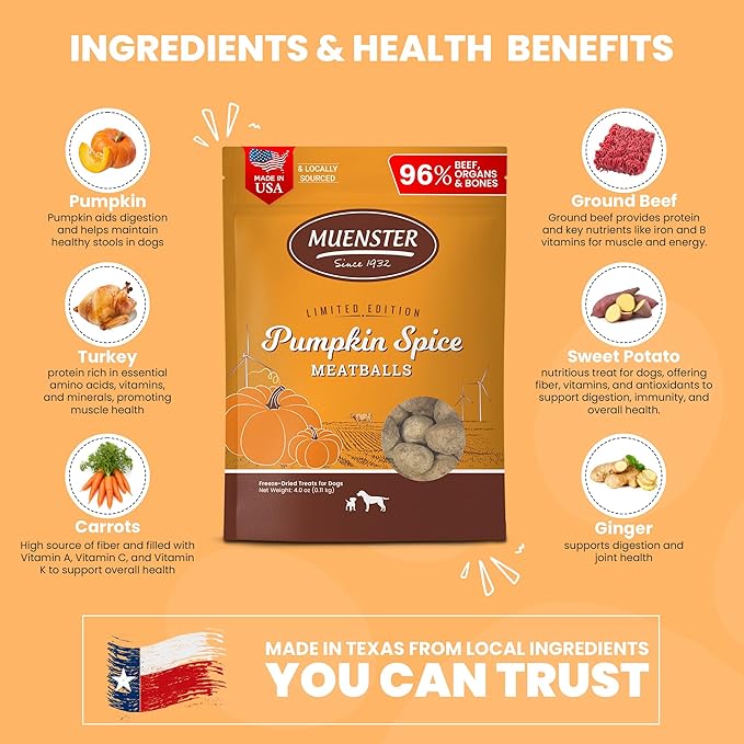 Muenster Freeze-Dried Limited Edition Pumpkin Spice Meatballs for Dogs, 4 oz Package