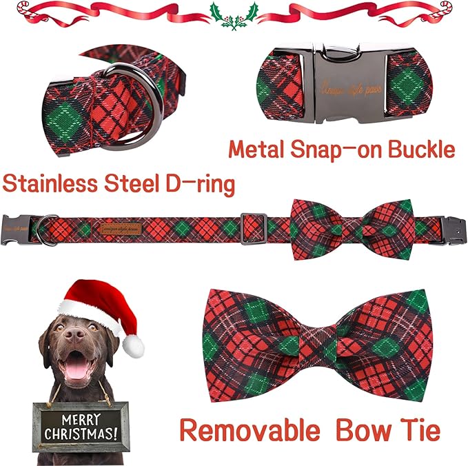 Unique style paws Christmas Dog Collar with Bow Tie Red Green Plaid Adjustable Cotton Puppy Collar for Small Medium Large Dogs-XS