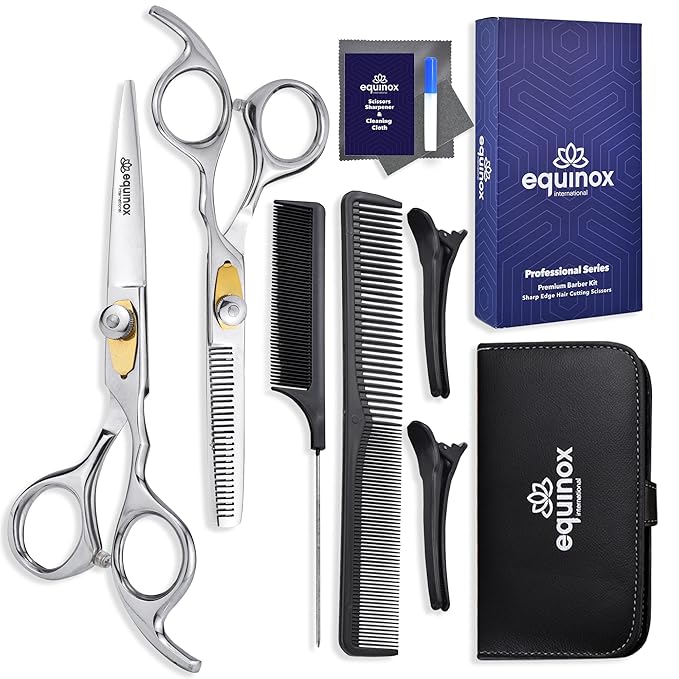 Equinox Professional Hair Scissors Set - Premium Essential Kit, Includes Hair Cutting Scissors, Thinning Shears, Straight Razor, Basic Comb, Cleaning Cloth, & Sandpaper - Hair Salon & Barber Supplies