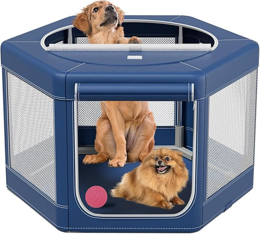 Dog Playpen,45x45x25.6 Inches Hexagonal Dog Fence,Oxford Cloth with Tear Resistance, Large Space Pet Playpen with Double-Opening Doors for Outdoors & Indoors, Anti-Tipping, Ideal for Dogs and Cats