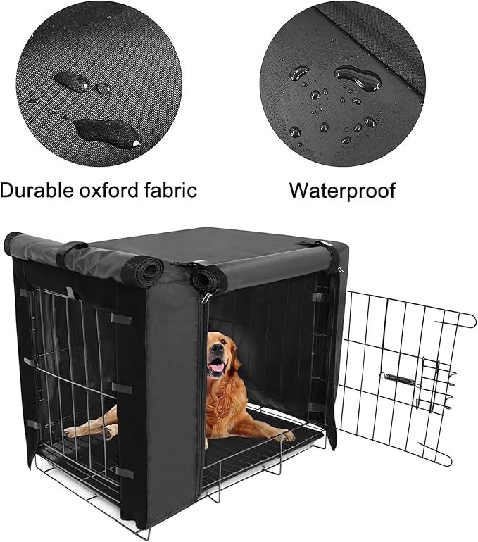 Dog Crate Cover for 42 inches Wire Dog Crate Waterproof, Double Door for Large Pet Kennel Cover, 42 x 28 x 30inch, Black