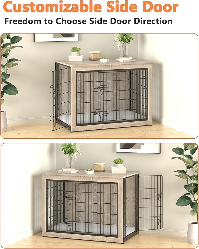 Piskyet Dog Crate Furniture with Cushion,Heavy-Duty Reinforced Metal Mesh,44" Wooden Dog Crate End Table with Double Doors,Indoor Dog Kennel,Dog Cage Side Table for Large Breed,Grey