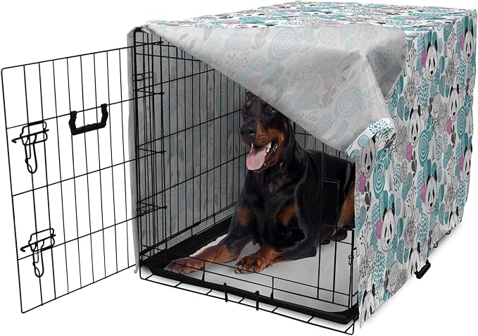 Lunarable Panda Dog Crate Cover, Portraits of Chinese Bears on Sketch Flowers and Abstract Circular Shapes, Easy to Use Pet Kennel Cover for Medium Large Dogs, 42 Inch, Slate Blue Pink Grey
