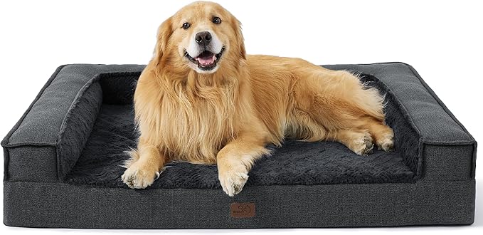 Bedsure Orthopedic Dog Bed for Extra Large Dogs - XLplus Egg Foam Dog Sofa, Bolster Couch Pet Bed with Removable Waterproof Washable Cover, Comfy Plush Velvet Fluff Surface, Nonskid Bottom, Charcoal