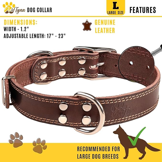 ADITYNA Heavy Duty Leather Dog Collar for Large Dogs - Soft and Strong Leather Dog Collar for Walking, Training, Hiking, Hunting, and Running (Large: Fit 17" - 23" Neck, Brown)
