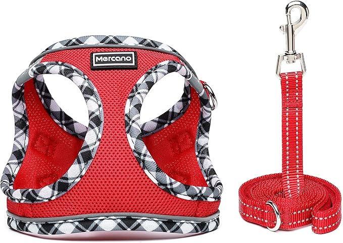 Mercano Soft Mesh Dog Harness and Leash Set, No-Chock Step-in Reflective Breathable Lightweight Easy Walk Escape Proof Vest Harnesses with Safety Buckle for Small Medium Dogs, Cats (Red, S)
