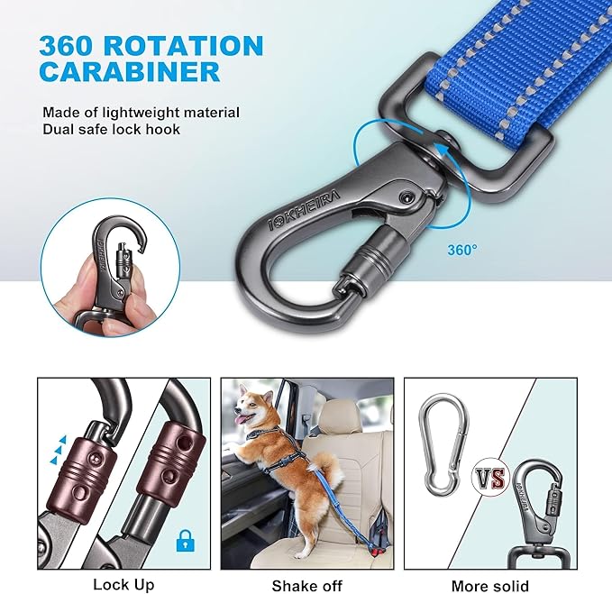 IOKHEIRA Dog Seat Belt 3-in-1 Car Harness for Dogs Adjustable Safety Seatbelt for Car Durable Nylon Reflective Bungee Fabric Tether with Clip Hook Latch & Buckle, Swivel Zinc Alloy Carabiner (Bule)