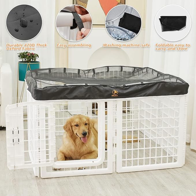 PJYuCien Dog Playpen Mesh Top Cover, Fits 24 Inch 8 Panels Regular Square Plastic Exercise Pet Pen, Adhesive Tape Connections, Black (Note: Cover Only, Fence Not Included)